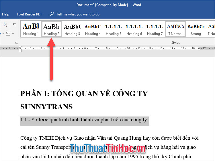 Phần nhỏ tiếp theo chọn là Heading 2