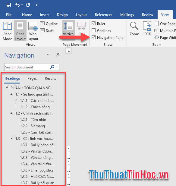 Trong tab Headings sẽ biểu thị hết các phần vừa cài đặt Heading