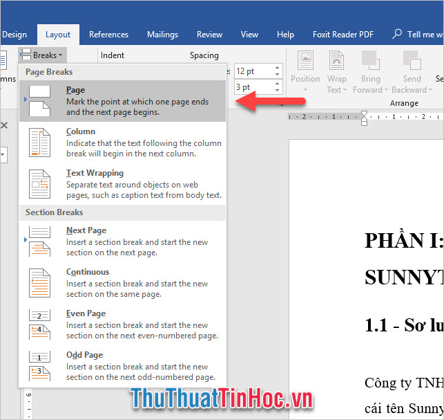 Vào ribbon Layout, click vào Break trong phần Page Setup rồi chọn Page trong Page Breaks