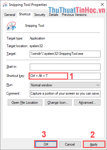 Nhập phím mình muốn tạo phím tắt mở Snipping Tool trong Shortcut Key