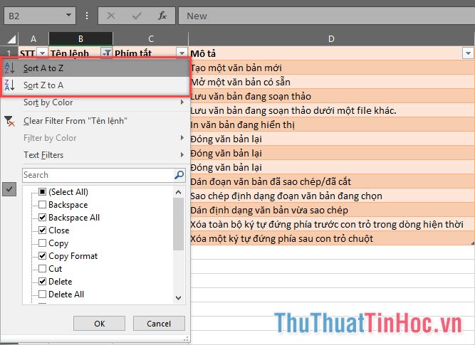 Sắp xếp các dòng theo thứ tự chữ cái từ A đến Z hoặc từ Z đến A