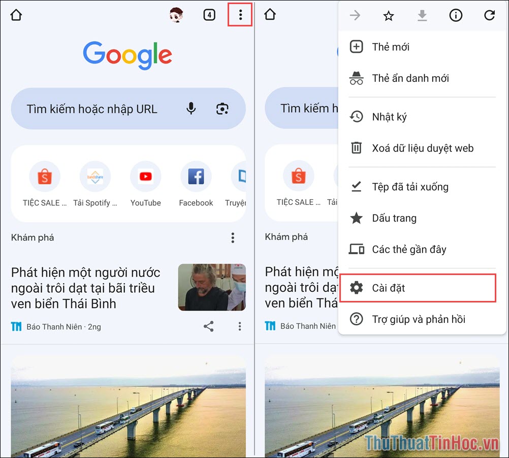 Mở trình duyệt Chrome trên Android, chọn mục Tùy chọn ➔ Cài đặt