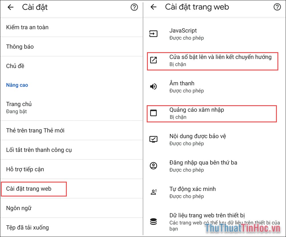 Chọn thẻ “Cài đặt trang Web” và thiết lập 02 nội dung chính như sau