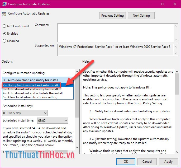 Ở dòng Configure automatic updating, sẽ có 4 lựa chọn