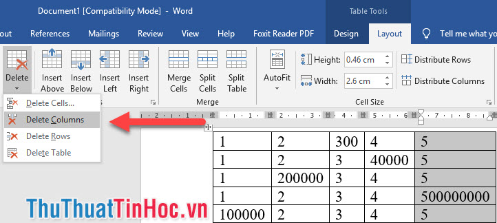 Mở tùy chọn Delete trong mục Rows & Columns và chọn Delete Columns