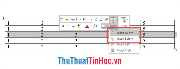 Chọn Insert rồi click vào Insert Above hoặc Insert Below