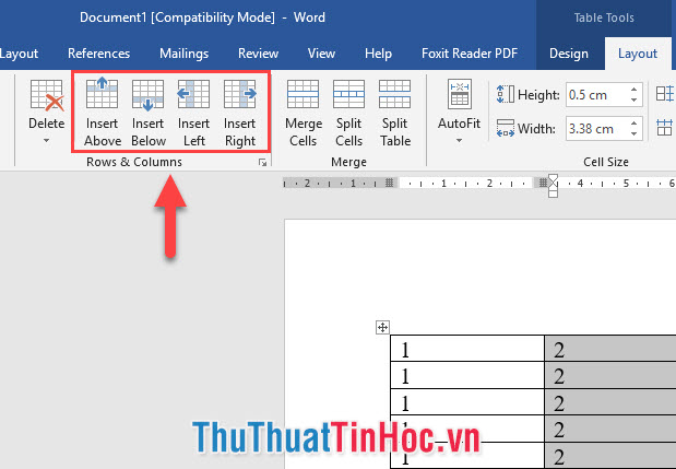 Sử dụng ribbon Layout để chèn cột/ hàng