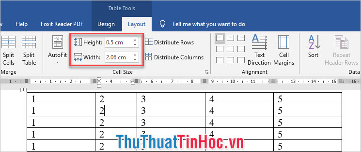 Tại mục Cell Size chọn Height hoặc Width