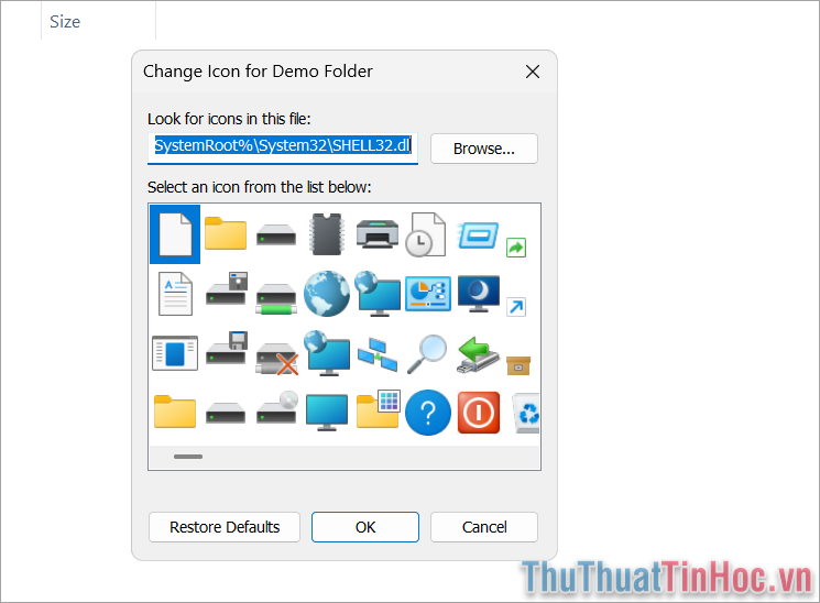 Chọn các biểu tượng Icon có sẵn trong cửa sổ biểu tượng và chọn OK để thay đổi