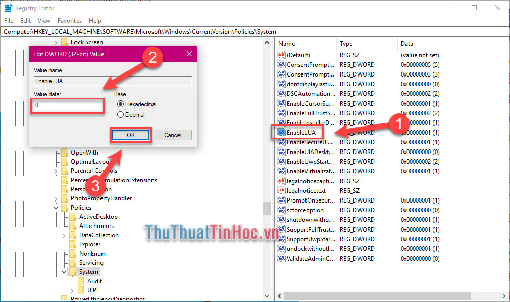 Nhập giá trị là 0 để tắt UAC, 1 để bật