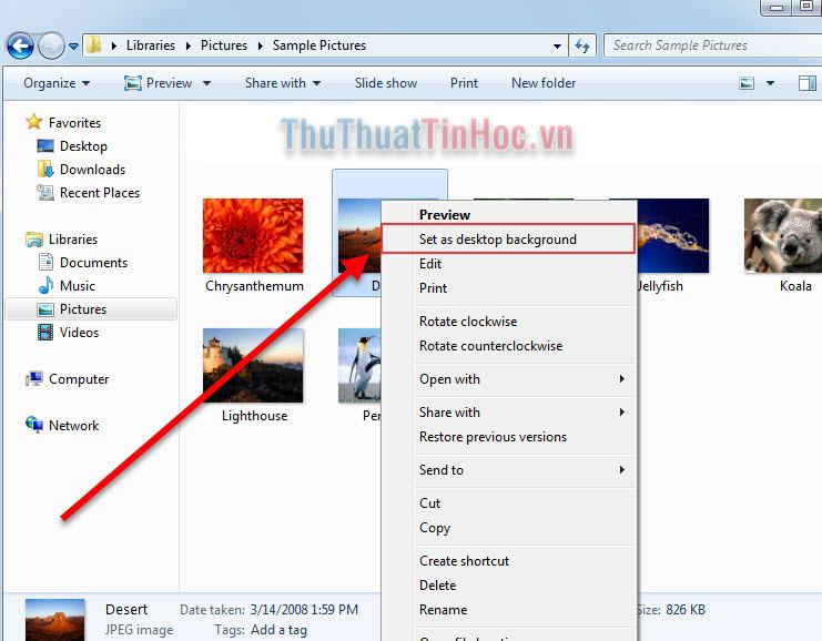 Click chuột phải vào ảnh rồi chọn Set as desktop background