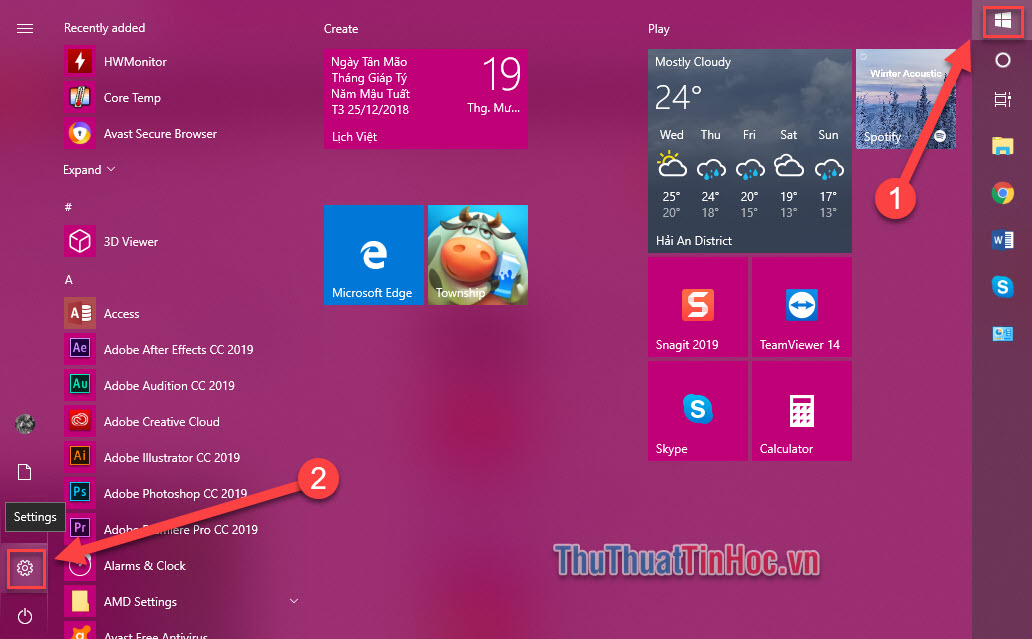 Nhấn vào biểu tượng Windows ở thanh Taskbar - Chọn Settings