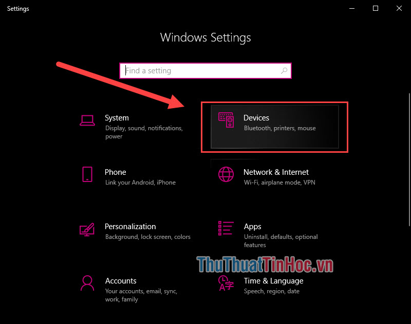 Tại cửa sổ Settings, chọn Devices