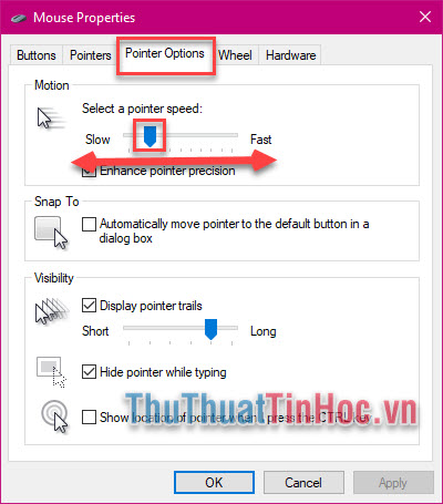 Kéo nút sang phải để tốc độ chuột nhanh hơn, trái để chậm hơn