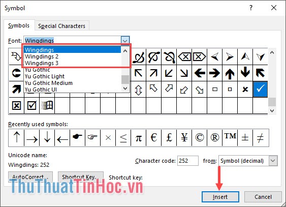 Đổi kiểu Font thành Wingdings