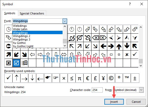 Chọn dấu tick nằm trong danh sách symbol