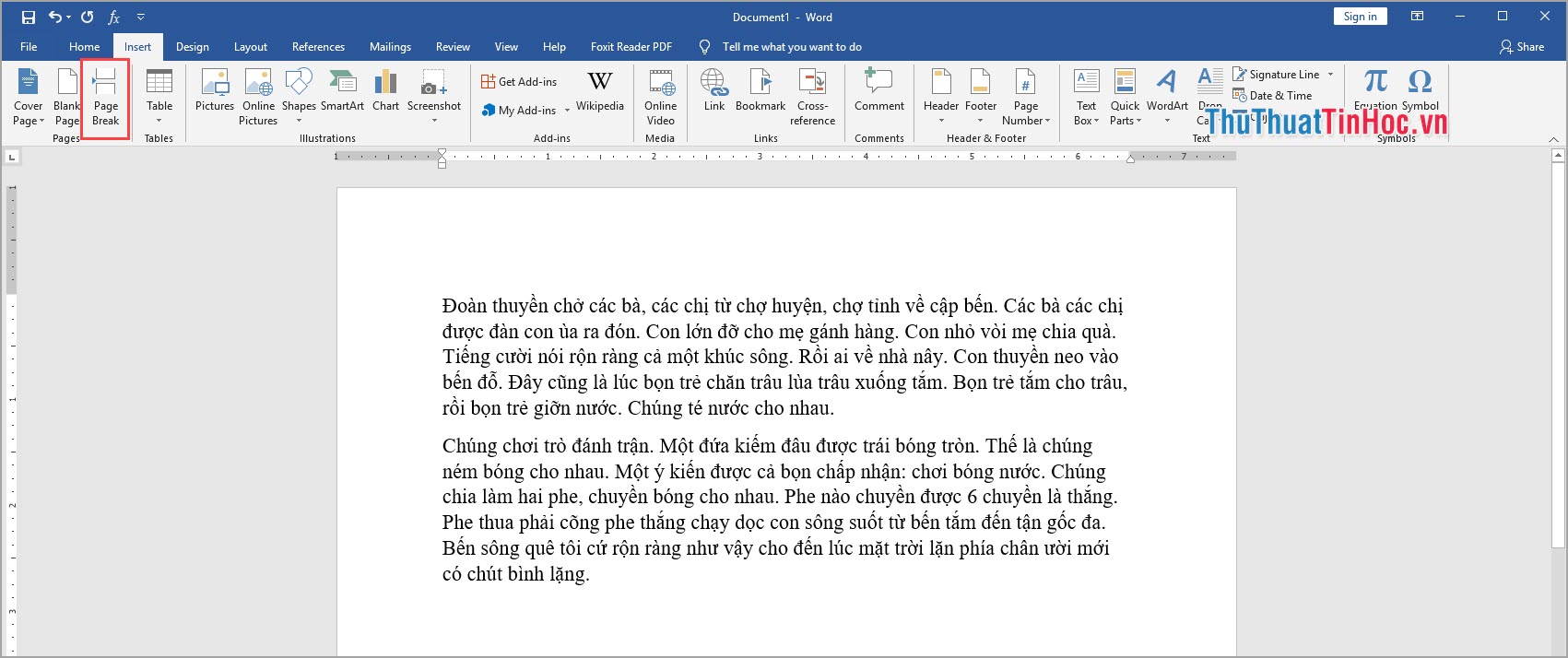 Chọn Page Break để tách đoạn văn bản và thêm trang trắng