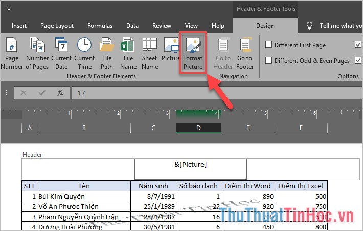 Chọn Format Picture trong Header & Footer Element