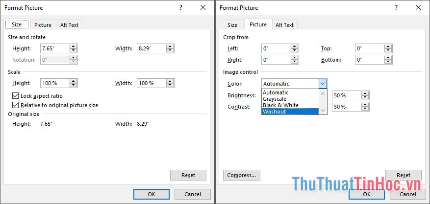 Ở tab Size, chỉnh sửa kích cỡ Wattermark vừa chèn