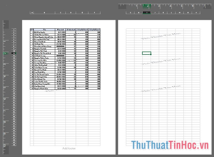 Wattermark đã được chèn vào trong các trang có dữ liệu của Excel