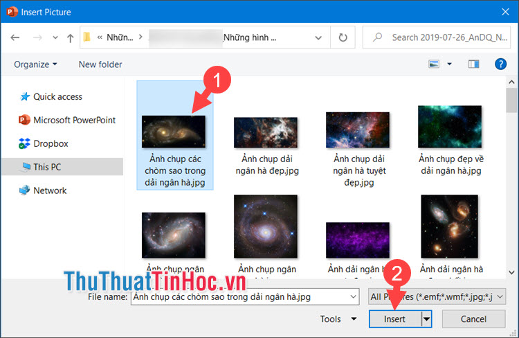 Chọn hình ảnh cần chèn từ máy tính và nhấn Insert