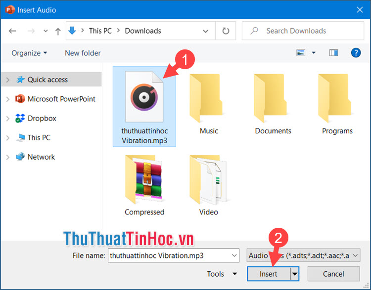 Chọn file âm thanh từ máy tính và nhấn vào Insert