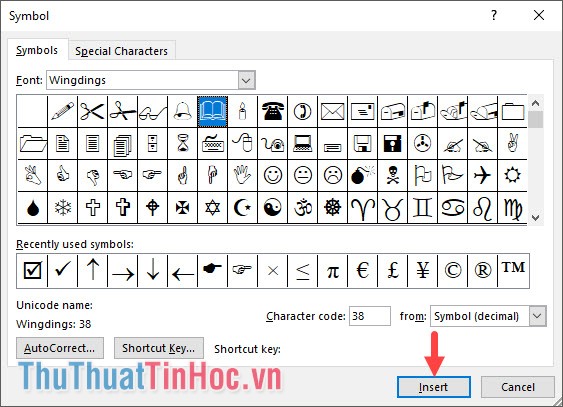 Chọn một biểu tượng phù hợp rồi click vào Insert