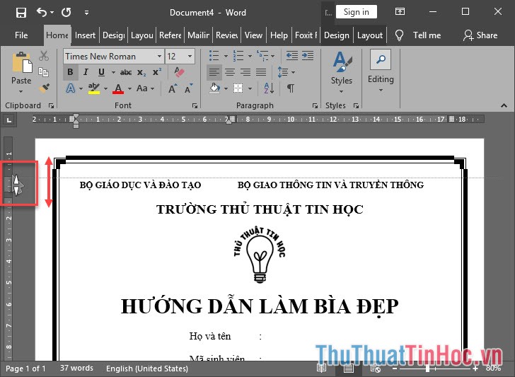 Điều chỉnh dòng bằng cách di chuyển thanh Ruler dọc lên hoặc xuống