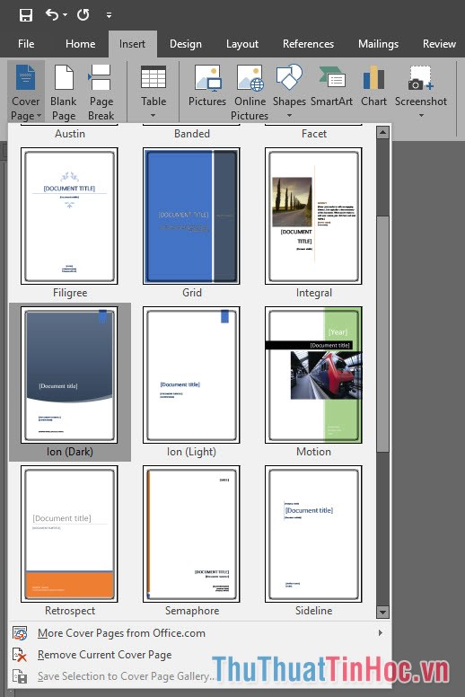 Tìm những trang bìa ở trong Cover Page thuộc ribbon Insert