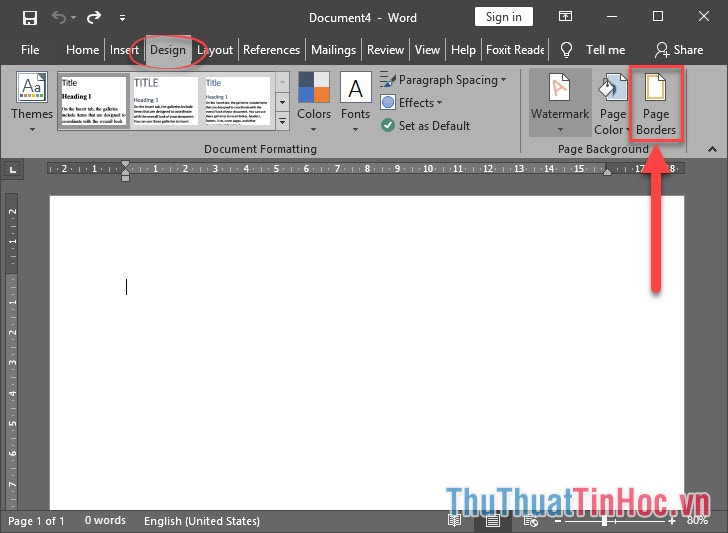 Mở ribbon Design, click vào Page Borders ở mục Page Bakcground