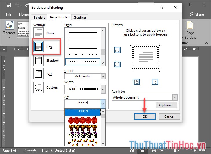 Chọn Setting là Box để tạo viền bao xung quanh trang giấy