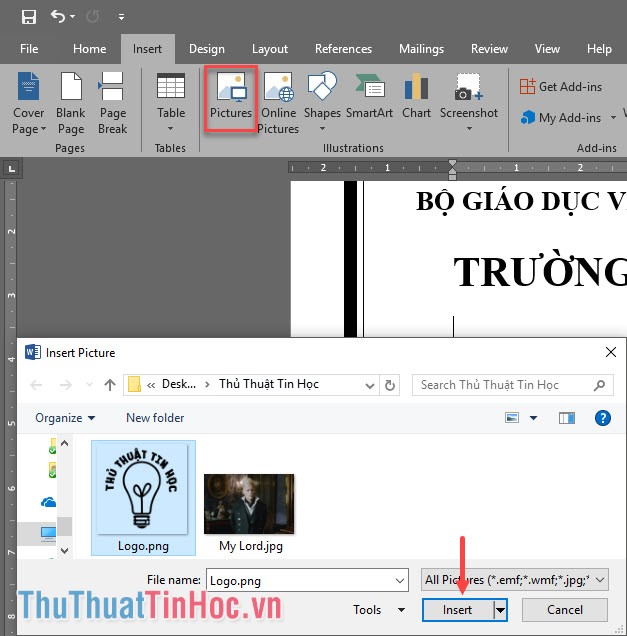 Để chèn ảnh, vào Insert và chọn Pictures trong Illustrations
