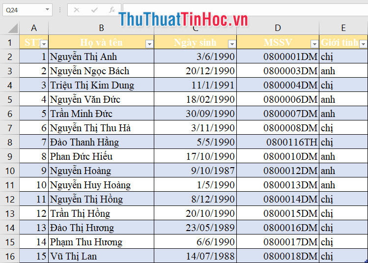 Danh sách khách mời bằng file Excel