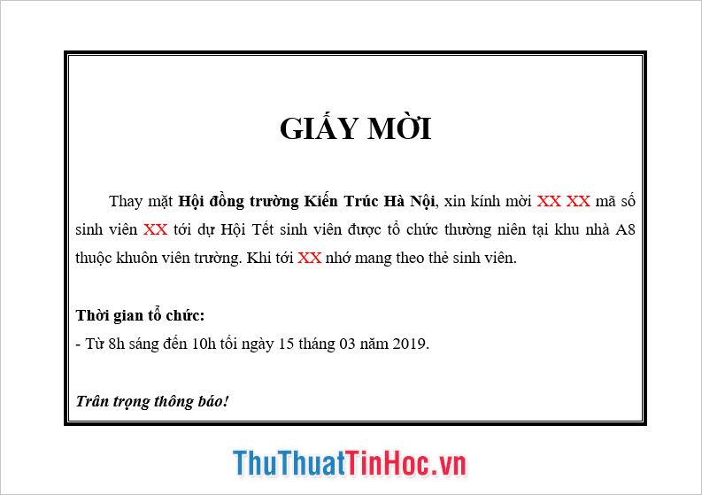 Một file Word soạn thảo form của bức thư mời