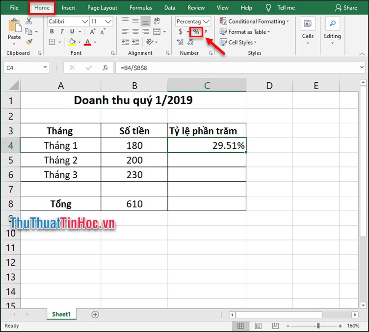 Chọn định dạng % trong phần Number