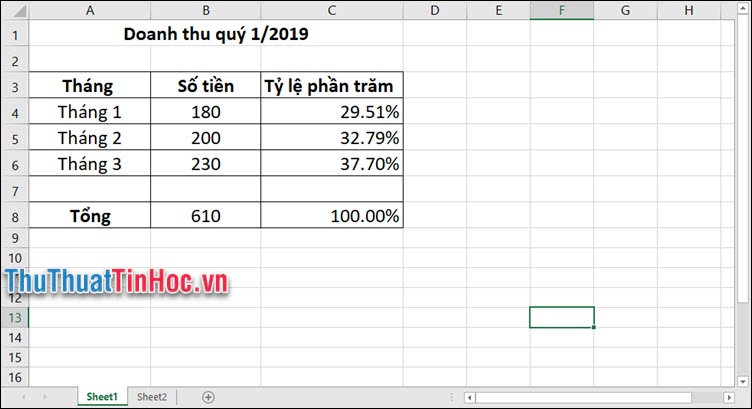 Sao chép công thức thu được kết quả doanh thu các tháng còn lại