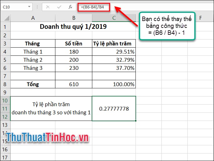 Dùng công thức để tính phần trăm thay đổi