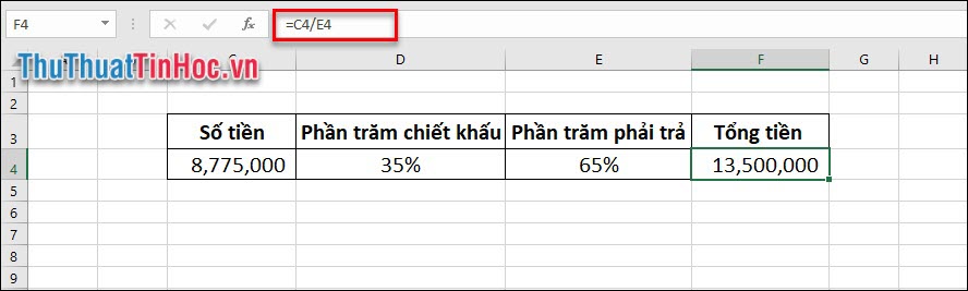 Nhập công thức tính giá trị ban đầu