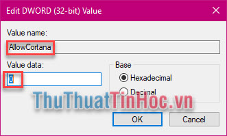 Đặt tên là “AllowCortana”, giá trị bằng 0