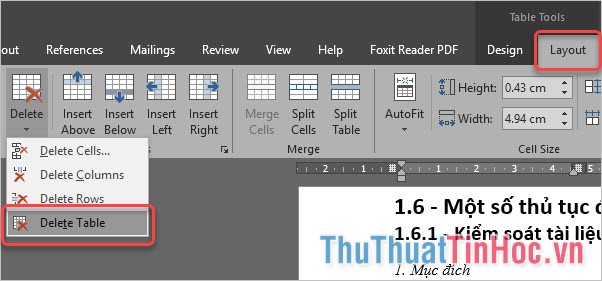 Trong mục Rows & Columns, chọn Delete Table