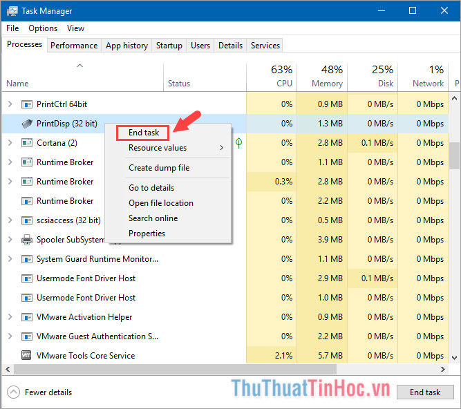 Tìm đến chương trình định xoá rồi click chuột phải chọn End Task