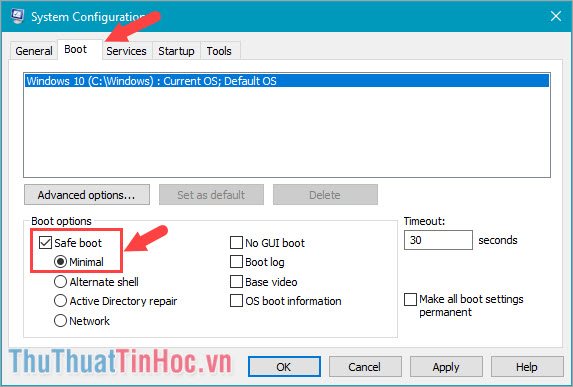 Mở System Configuration, qua thẻ Boot và thiết lập Safe boot