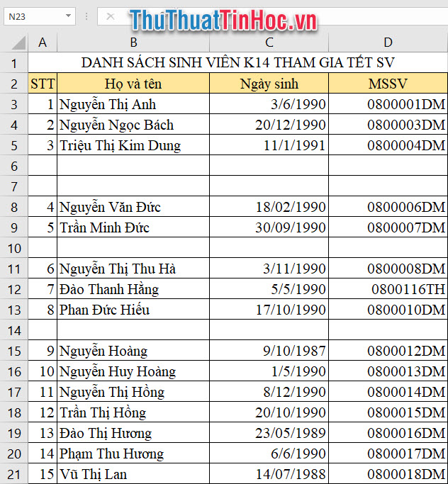 Các dòng trống trong Excel