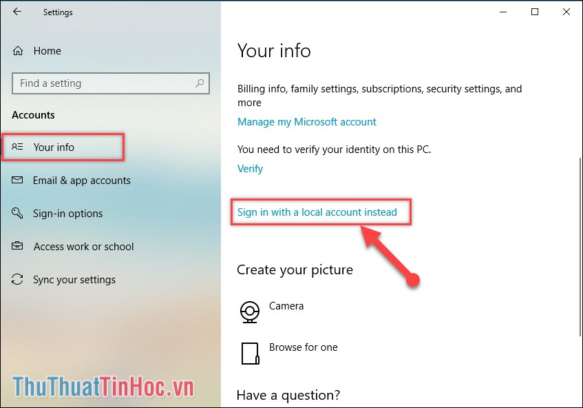 Chọn mục “Sign in with a local account instead”