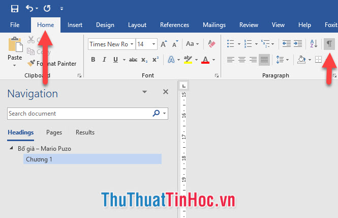 Chọn chức năng Paragraph Mark (Pilcrow) ¶ trong ribbon Home ở mục Paragraph