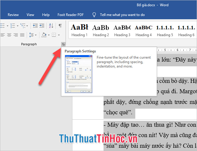 Click vào phần mở rộng của mục Paragraph nằm ở ribbon Home
