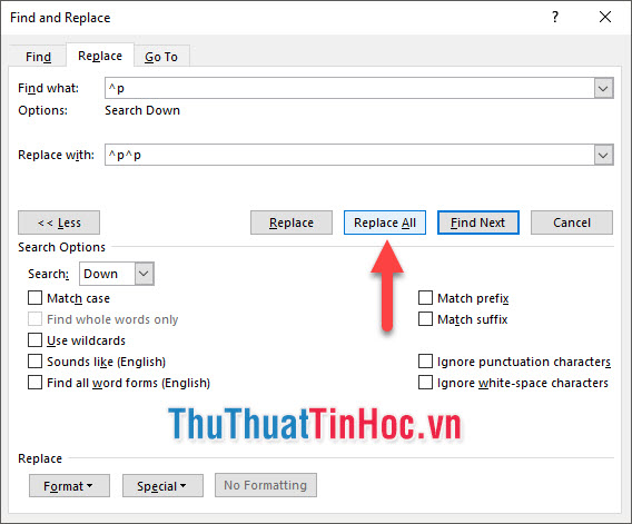 Thay thế một dấu Paragraph Mark (^p) thành hai dấu Paragraph Mark (^p^p)