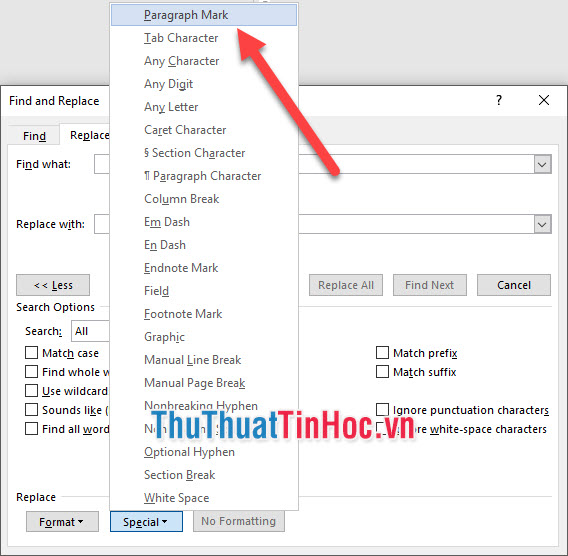 Vào Special để tìm dòng Paragraph Mark