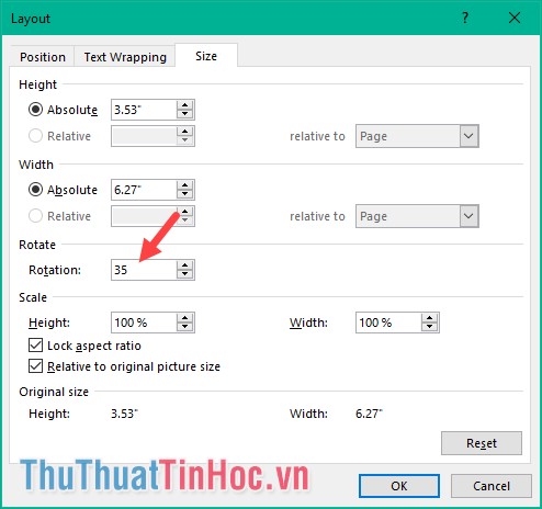 Nhập 35 vào ô Rotation sau đó nhấn OK