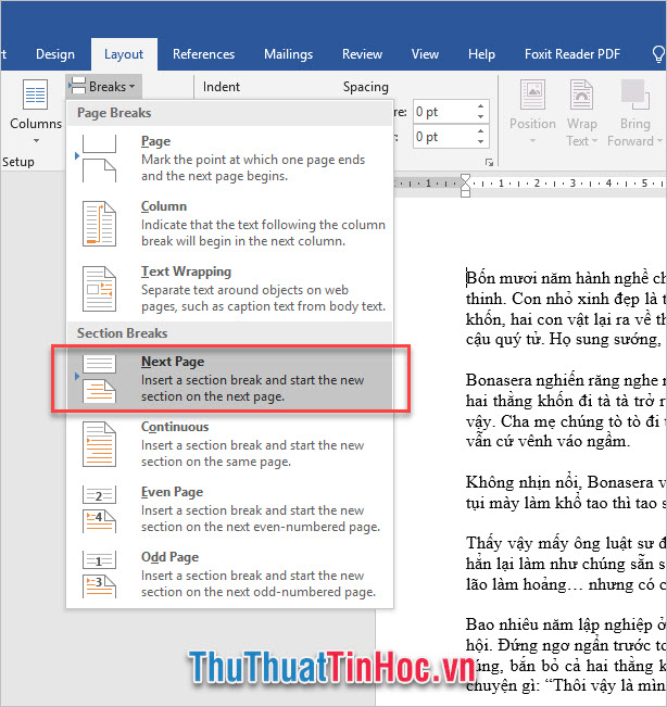 Mở ribbon Layout, chọn Break trong mục Page Setup